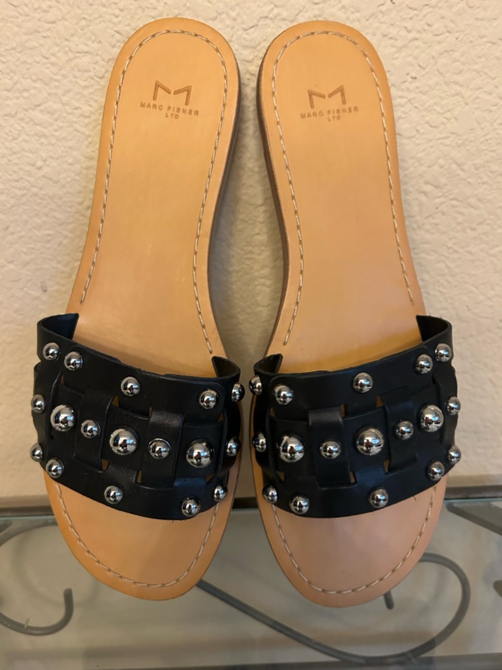 Marc Fisher Black Studded Woven Slide Sandals